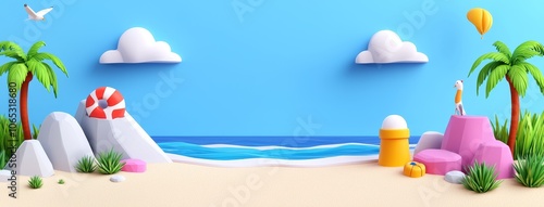 A summer sea or ocean beach with blue water in tropical lagoon, palm trees and sand on shore, rock mountains and seagulls against a blue sky. A cartoon coastline scene.