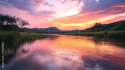 Wallpaper Mural A stunning view of a river during twilight, with the sky reflecting shades of pink and orange over the water. Torontodigital.ca