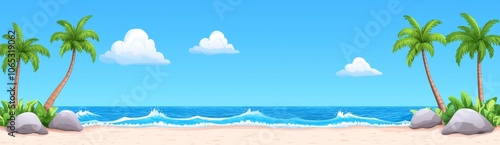 Coastal beach with palm trees and rocks in water. Modern cartoon illustration of summer scenery with ocean waves splashing on sand, exotic plants, and seagulls soaring above water.