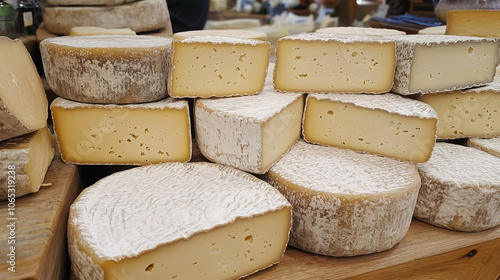 A stack of cheese with a white rind photo