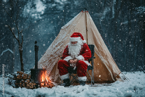 Santa Claus sitting outside a tent in the snow next to a warm fire in a winter forest

