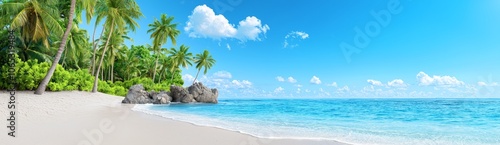 A tropical sea beach with palm trees and rocks in the water. A modern cartoon illustration of a summer scene with ocean waves splashing on sandy coast, exotic plants, and seagulls flying in the sky