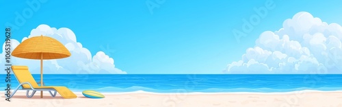 A tropical lagoon beach with a straw umbrella on a sunny summer day. Cartoon modern illustration of sea or ocean sand shore with palm trees and mountains in the distance.