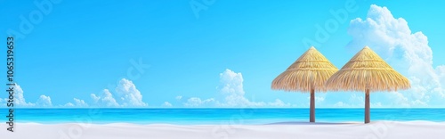 Exotic coastline landscape with tropical lagoon, palm trees, mountains on horizon and straw umbrella on summer sunny day. Illustration of sea or ocean shore with blue water and palm trees.