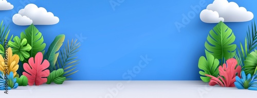 Tropical lagoon landscape with a sandy beach and palm trees. Illustration of exotic summer island scenery, waves washing the coastline, mountains on the horizon, clouds in blue skies above the water.