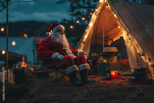 Santa Claus sitting outside a cozy tent with string lights on a calm evening near a lake creating a festive and warm holiday atmosphere
