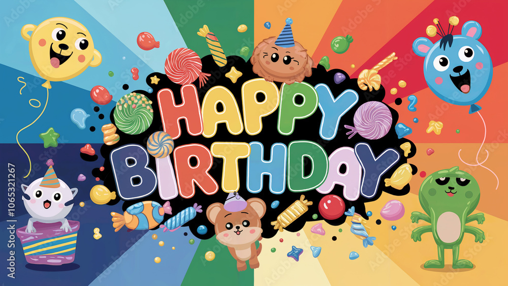 Fototapeta premium A children's birthday background with bright rainbow colors. There are cartoon-style balloons in the shape of animals and numbers. There is a playful 'Happy Birthday' text surrounded by candy, toys, 