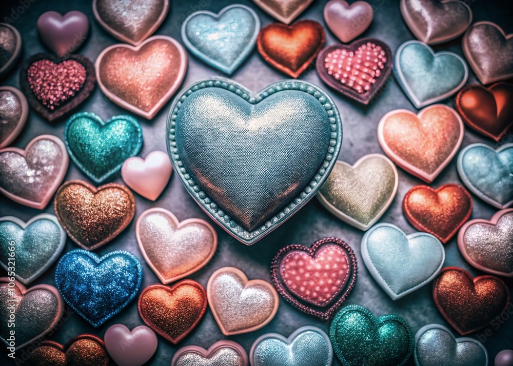 Fototapeta premium Colorful Heart Collection in Low Light Photography - Vibrant Hearts in Various Sizes and Shades for Romantic and Artistic Themes