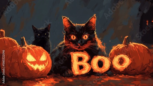 Two Black Cats and Three Pumpkins with a Glowing 