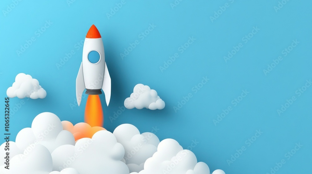 Rocket Launching Above Fluffy Clouds Against Blue Sky Rocket Launching Above Fluffy Clouds Against Blue Sky