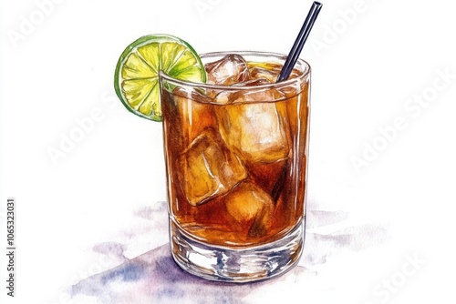 Cuba libre watercolor illustration. Creative clipart of long drink. Glass design for cocktails. Hand-illustrated beverage art for bars. Stock visuals photo