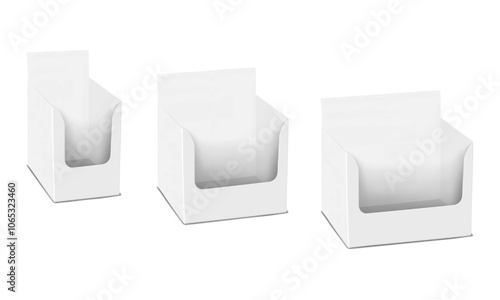 White blank paperboard display box. 3d mockup set. Cardboard container with header tab. Realistic vector mock-up. Retail package for showcasing product. Template for design