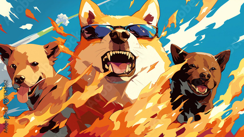 Three brave dogs on fire. Animal art.