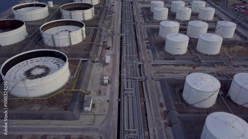 Aerial view oil and gas refinery depot industrial facility storage tank petrochemical, Crude oil and gas refinery depot terminal, Storage tank petroleum petrochemical oil and gas refinery oil and gas. photo