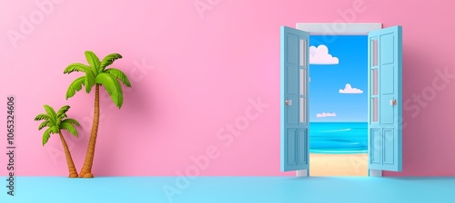 Modern terrace view with sunset sky, sea, and tropical palm tree in the evening. Beautiful paradise home with a stunning landscape.