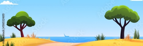 The summer scenery with trees and a lake is a modern cartoon illustration with a path between green trees and bushes, a blue lake sparkling in the sunlight and fluffy clouds above.