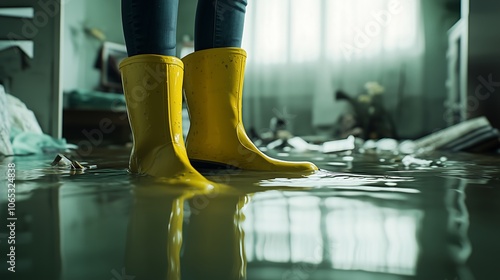 Depicting flood damage inside a house, with water partially covering the floor. Show a person’s legs wearing yellow rain boots standing in the water, emphasizing the impact of the flooding.