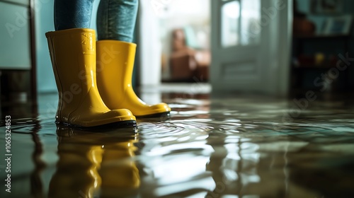 Depicting flood damage inside a house, with water partially covering the floor. Show a person’s legs wearing yellow rain boots standing in the water, emphasizing the impact of the flooding.