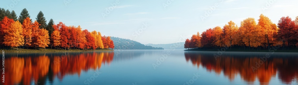 Obraz premium Stunning autumn landscape reflecting colorful trees on calm lake water.
