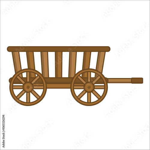 wooden farm wheelbarrow isolated on white background. Heavy agricultural machinery cartoon style.