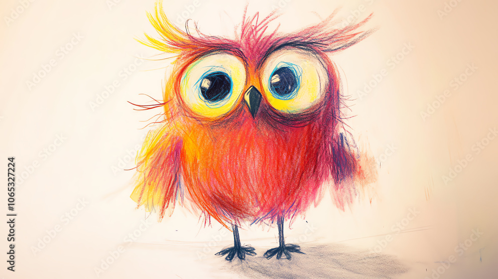 Naklejka premium Simple crayon drawing of a silly owl with big, round eyes and fluffy feathers, drawn with bright, playful colors and imperfect, childlike lines