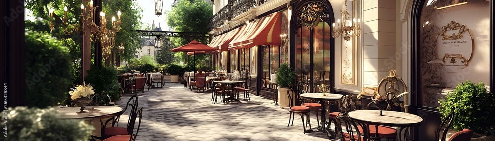 Fototapeta premium Parisian Cafe Patio with Ornate Details and Sun-Dappled Pavement