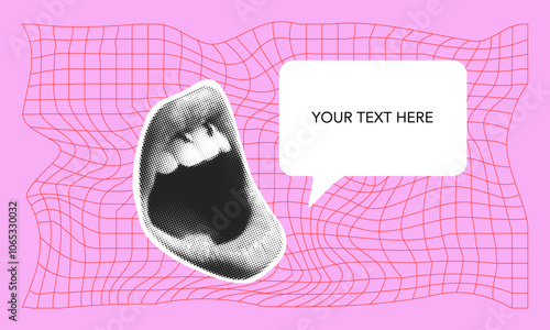 Halftone banner with lips and speech bubble. Love card. Gesture signs. Modern art collage. Trendy vector pieces. Creative collage in Y2K style