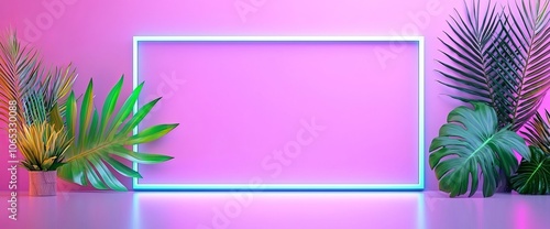 A tropical summer party banner template with neon lights and exotic rainforest plants on a black background, palm trees and monstera leaves.