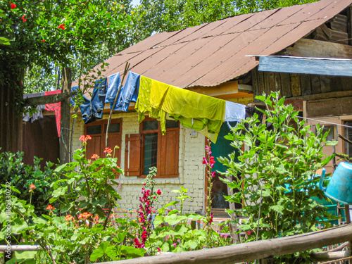 Traditional kashmiri view - old wooden houses on stilts, boat, Dal lake with duckweed, hanging laundry in Srinagar, Jammu & Kashmir, Northern India. Local people spend all their life on the water. photo