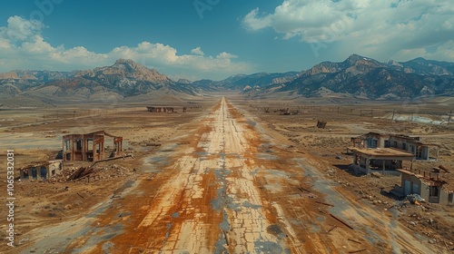 An abandoned road stretches across a desolate landscape under a vast blue sky in a remote mountain area. Generative AI photo