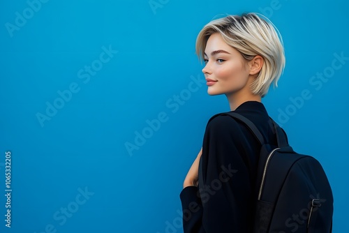 Photography of a young woman adjusting her bag strap while standing in the aisle with a blue background, side view. 4K Resolution, plain background photo