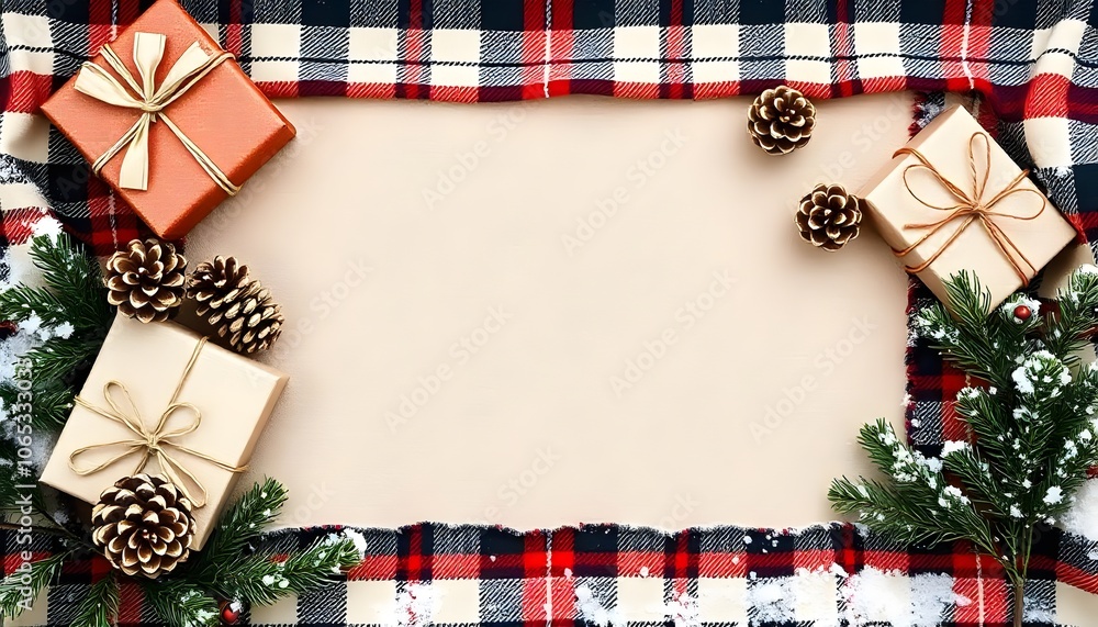 Obraz premium Festive Holiday Background with Plaid Blanket, Gifts, Pinecones & Cedar