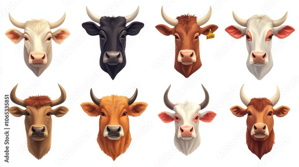 Set of farm animal heads, including a brown cow, suitable for postcards, packaging, textiles, and booklets. Set of farm animal heads, including a brown cow, suitable for postcards, packaging, textiles, and booklets.
