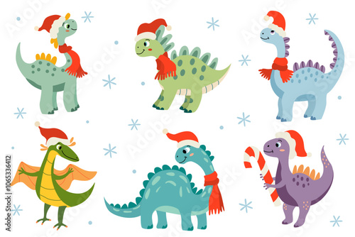 Christmas set of vector illustration of a cute little dinosaurs in a flat style. Friendly and playful design is ideal for Xmas greeting cards, party invitations