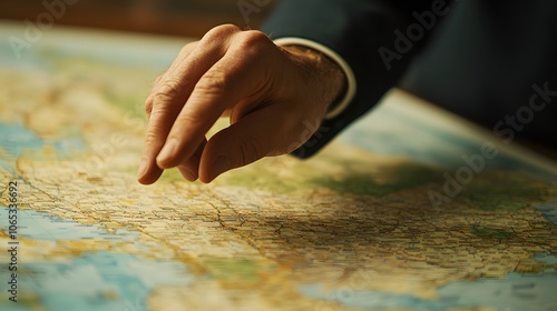 Photography of a negotiator pointing to a 3D map with 2D regional market insights, integrating geographical data into the business discussion, 4k resolution, Plain background photo