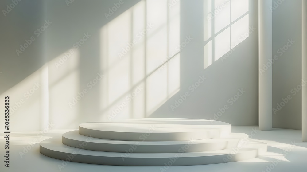 Fototapeta premium Empty white circle podium and window light blur on white wall, pedestal and platform, stand stage, column platform pillar, round empty stages and podium stairs 3d template for product presentation