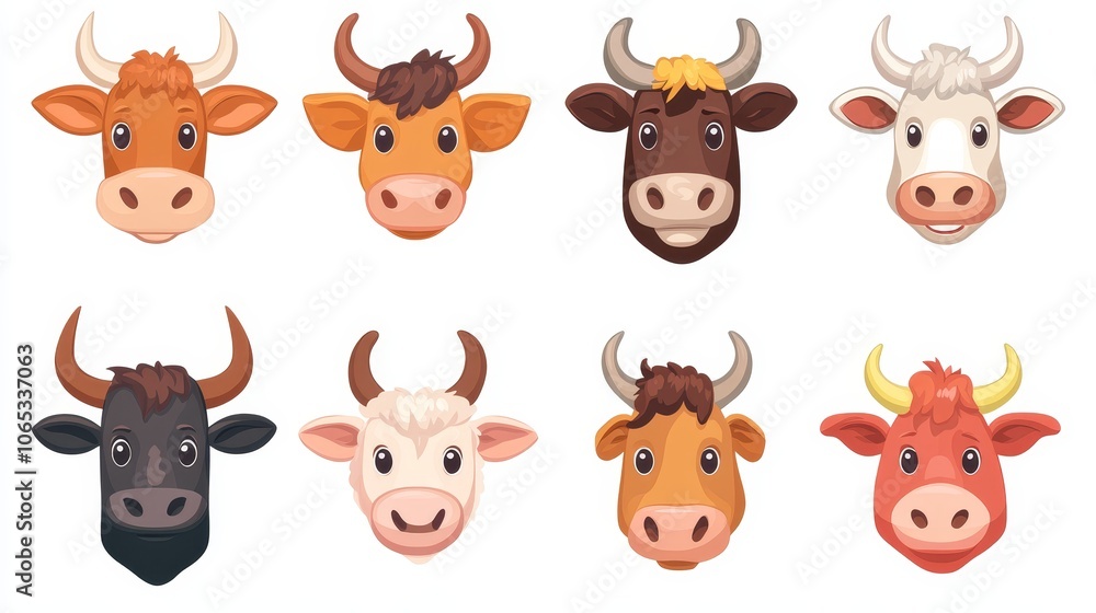 Fototapeta premium Set of farm animal heads, including a brown cow, suitable for postcards, packaging, textiles, and booklets.