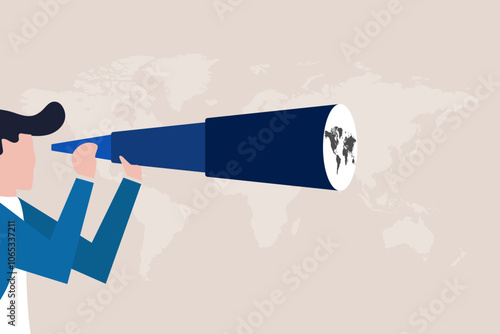 Businessman using binoculars looking for future vision. concept of World economic vision or international opportunity for business, work or investment, searching for oversea business