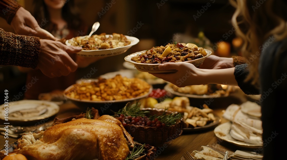 Photography of a family passing plates of food to each other, showing the communal spirit of Thanksgiving, 4k resolution, Plain background Photography of a family passing plates of food to each other, showing the communal spirit of Thanksgiving, 4k resolution, Plain background