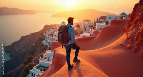 Sexy model girl hiking by Santorini, Greece in fiery crimsons and scarlets, with gravity-defying landscapes. Captured in detailed 8k with Hasselblad X1D.