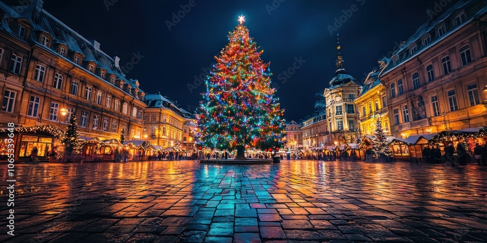 Fototapeta premium Outdoor Christmas tree lighting with colorful lights illuminating a town square.