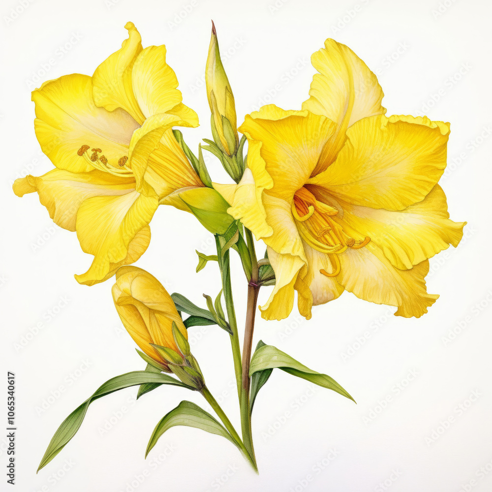 Obraz premium Bright Yellow Flowers with Green Leaves on White Background