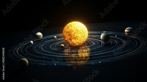 Solar system with planets orbiting a star. Planets around a sun-like star. Model of the solar system on a black background. photo