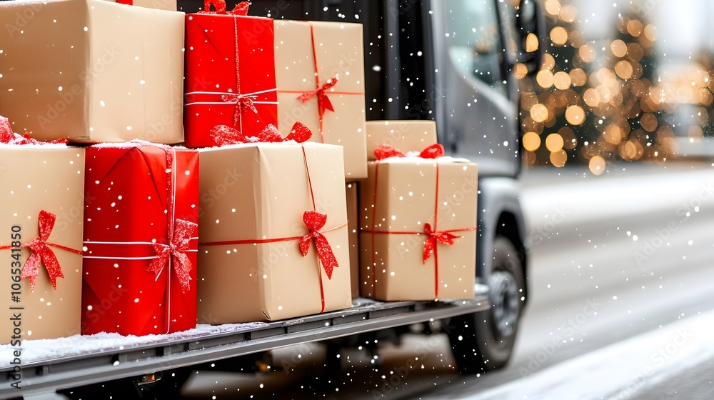 Logistic christmas new year and gifts concept. A snowy scene featuring a delivery truck with festive wrapped packages, signaling the holiday season.