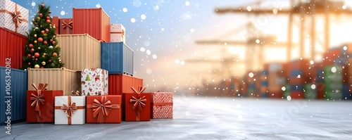 A festive scene featuring colorful gift boxes stacked near a Christmas tree, with a backdrop of a port and cranes, evoking holiday cheer.