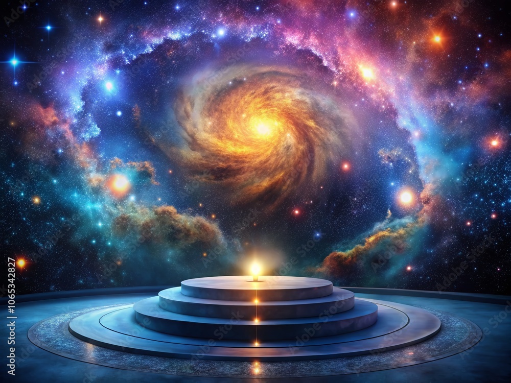 Cosmic Landscape with 3D Podium Surrounded by Stars, Nebulae, and Galactic Wonders for Stunning Visuals Cosmic Landscape with 3D Podium Surrounded by Stars, Nebulae, and Galactic Wonders for Stunning Visuals
