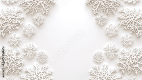 Elegant New Year's snowflakes on a pristine white background, featuring a simple and clean design with a central blank space, perfect for festive greeting cards, invitations, and holiday decorations.