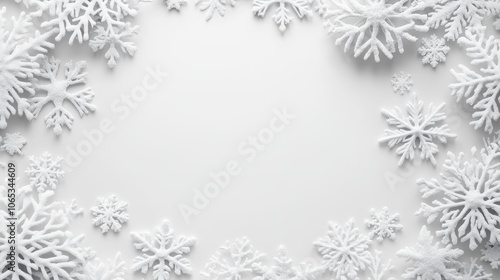 Elegant New Year's snowflakes on a pristine white background, featuring a simple and clean design with a central blank space, perfect for festive greeting cards, invitations, and holiday decorations.