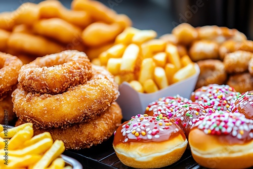 Delicious assortment of sugary treats including donuts, fries, and pastries, perfect for any dessert lover's cravings. photo