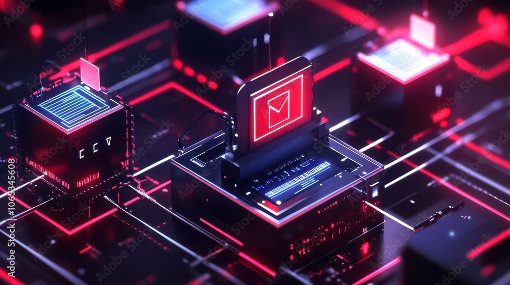 Obraz premium Tech-Inspired Wireframe Illustration of a Digital Voting System: Isometric Perspective with Patriotic Colors, Data Encryption, and Circuit Board Patterns. Commercial-Ready Design.